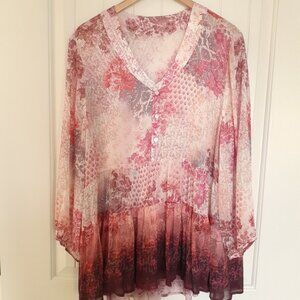 Sundance Honey Blossom Top V-Neck Tiered Peasant Blouse Pink Size L